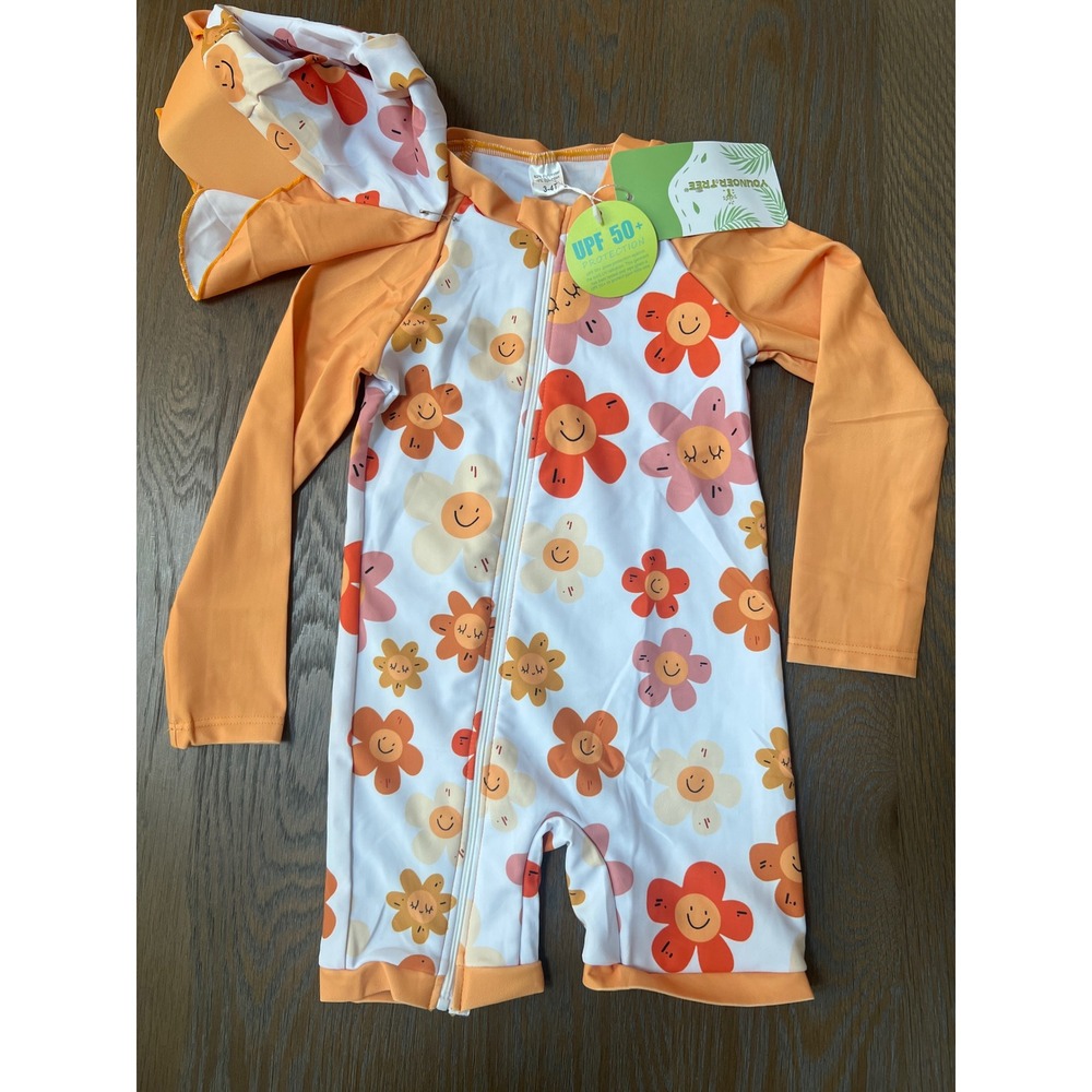 Younger Tree Floral Smiley Face UPF 50+ Swimsuit and Hat Set 3-4T Orange